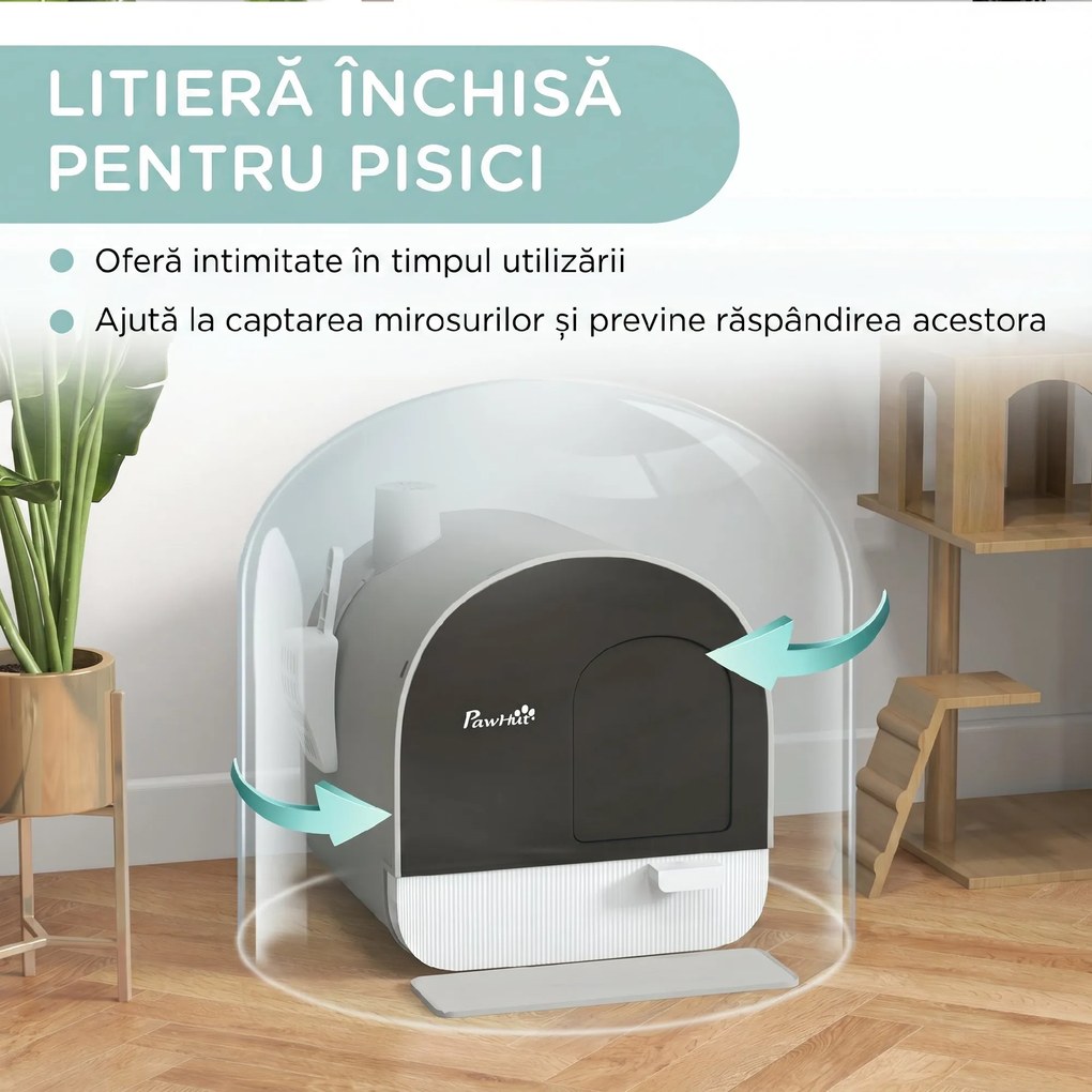 PawHut Litieră Închisă pentru Pisici cu Filtre, Cupă și Tavă Detașabilă, Cadru PP, 43x44x47 cm, Gri | Aosom Romania