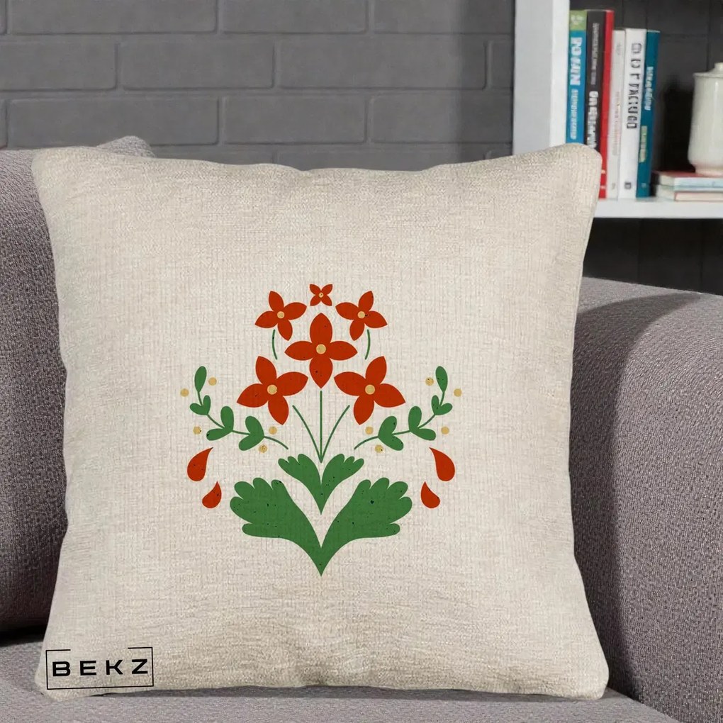 Perna Decorativa Buchet Floral Folk Rosu-Verde, 40x40 cm, Bej Canapea, Husa Detasabila, Perna Inclusa, BEKZ®