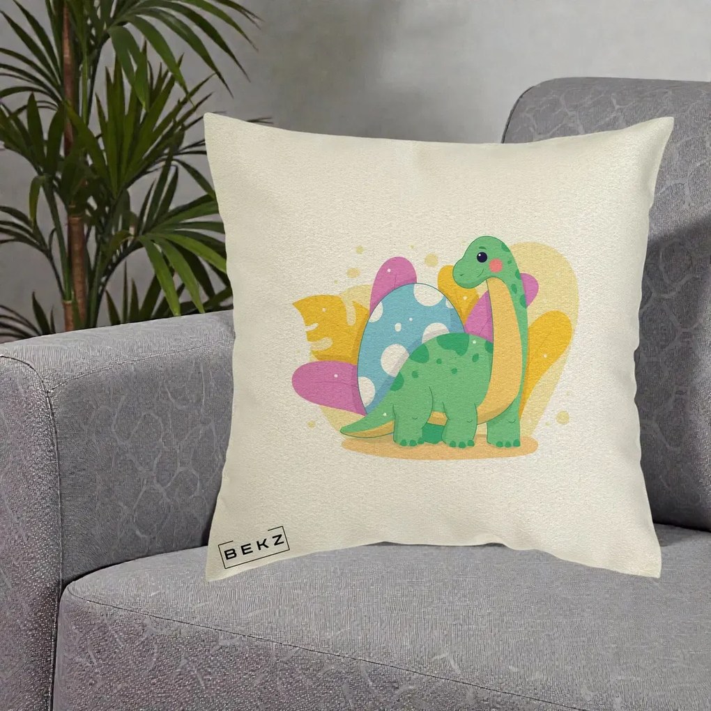 Perna Personalizata Dinozaur cu Ou Pastelat, 40x40 cm, Ecru, Husa Detasabila, Perna Inclusa, BEKZ®