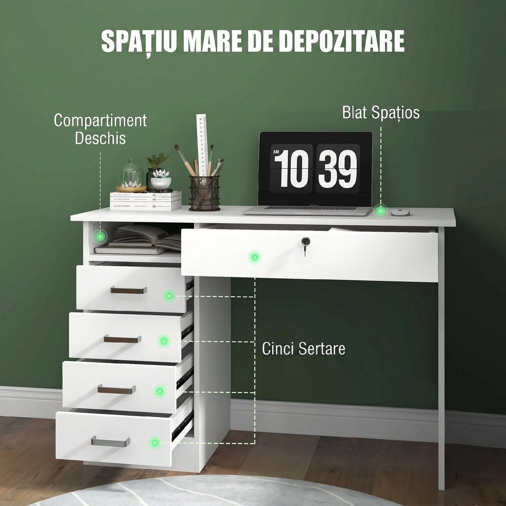 HOMCOM Birou Modern cu 5 Sertare, Birou cu Sertare și Compartiment Deschis pentru Biroul de Acasă și Studiu, 110x50x76 cm, Alb | Aosom Romania