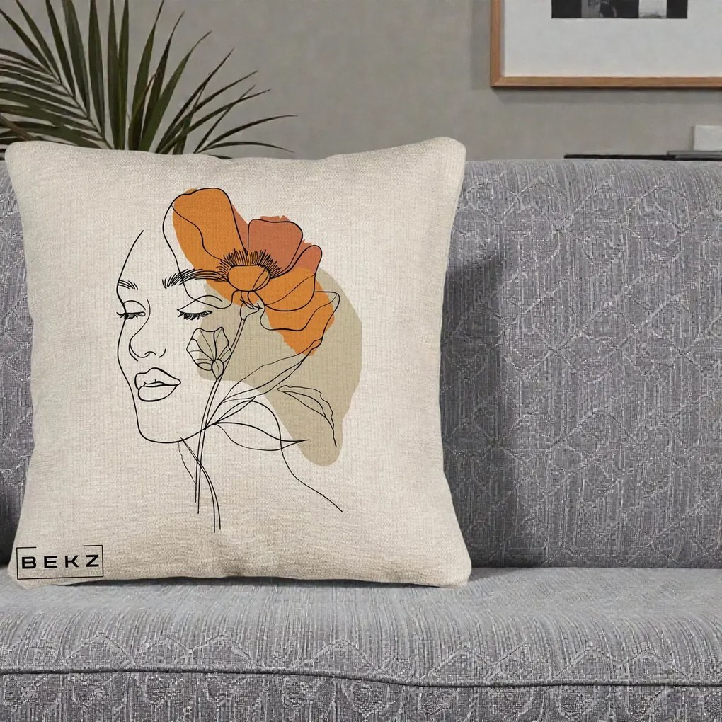 Perna Decorativa Portret Feminin Mac Mare Portocaliu, 40x40 cm, Bej Canapea, Husa Detasabila, Perna Inclusa, BEKZ®