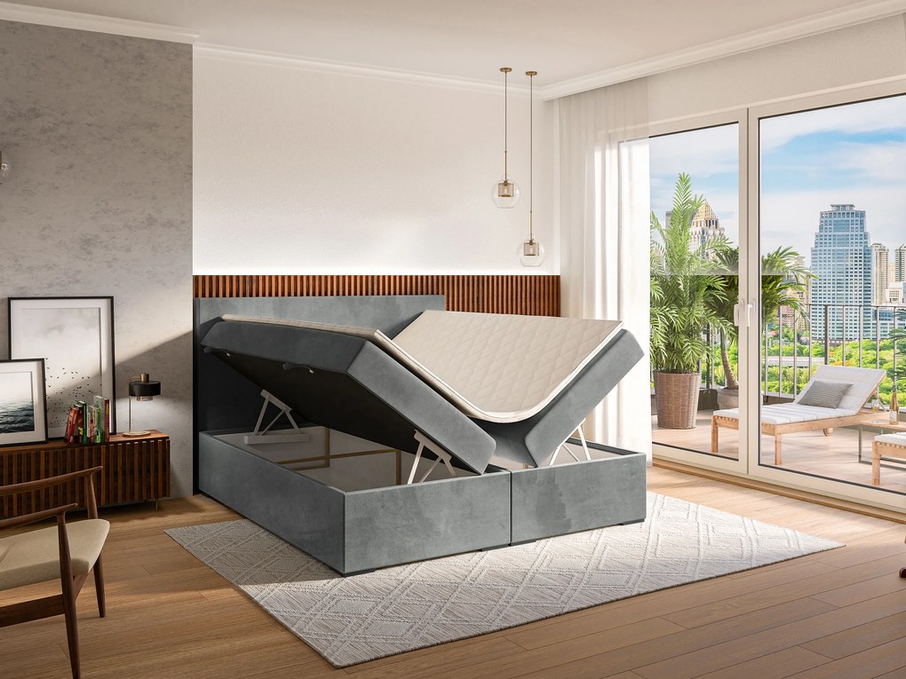 Pat matrimonial Boxspring 180 cm Lemmy (Beton) (cu saltea și sp. depozitare). 1043396