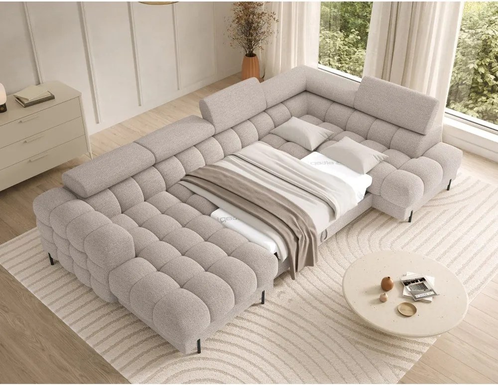 Colțar bej extensibil cu tapițerie din țesătură bouclé (cu colț pe partea dreaptă/în formă de "U") Feraria – ELTAP