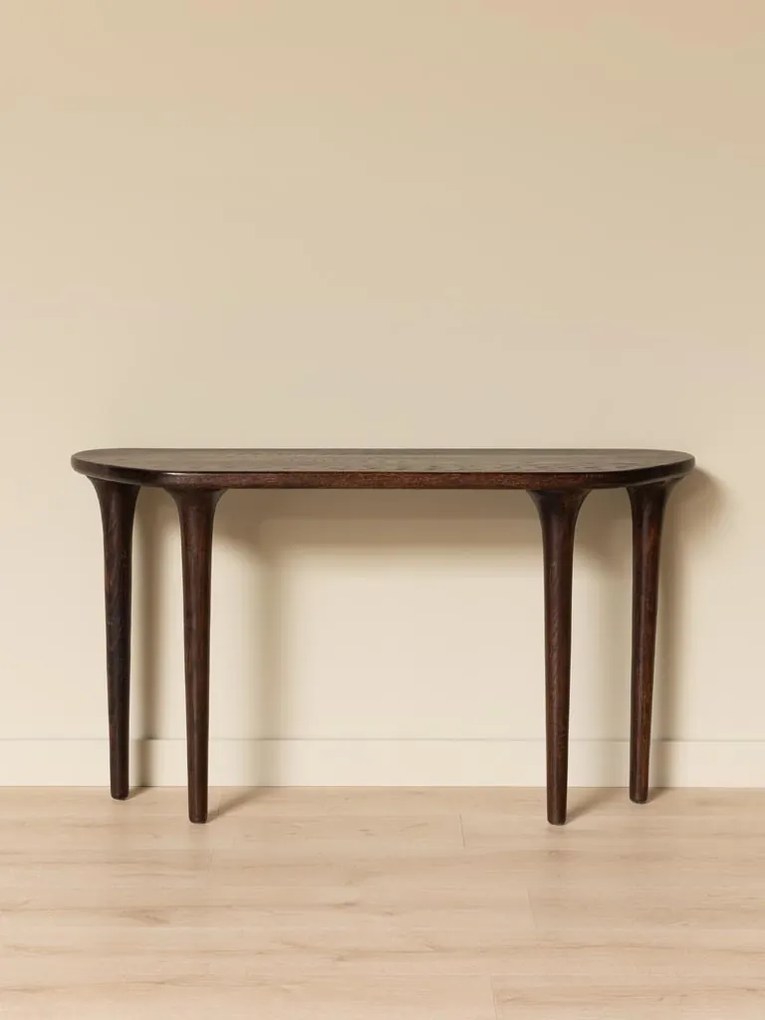 Consolă din lemn de stejar, cu blat semioval și picioare conice, maro antichizat, finisaj satinat, 132×27×75 cm, „Calvin"