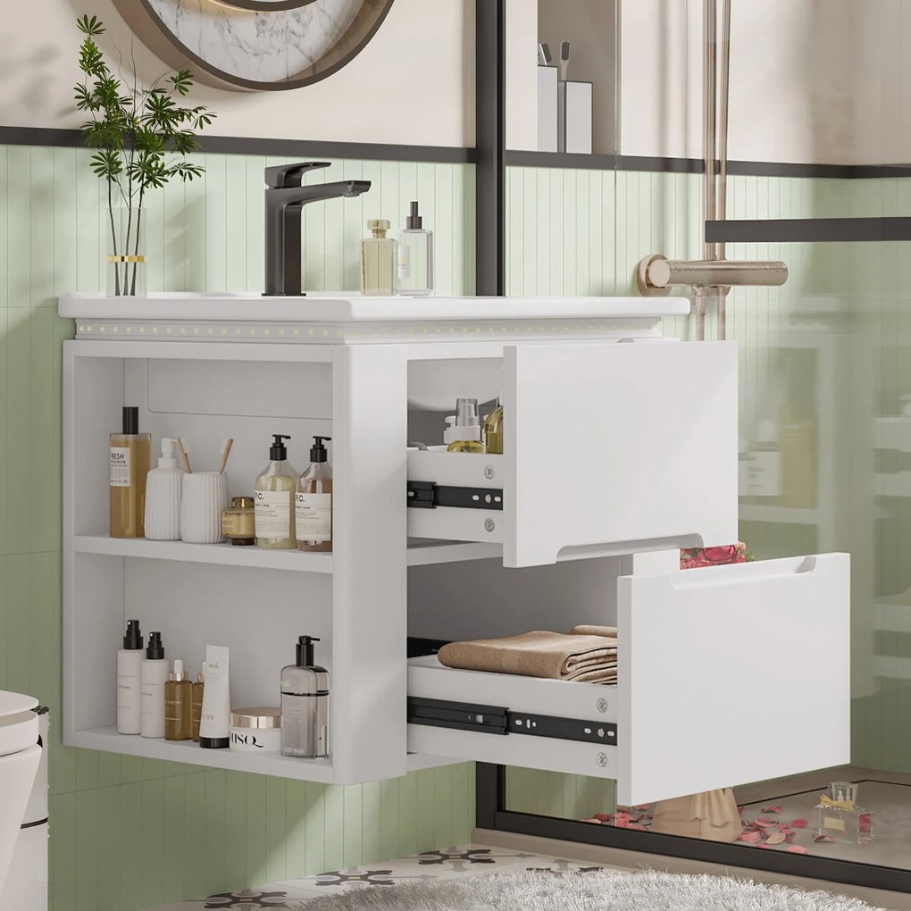 Dulap de baie suspendat cu iluminare LED cu senzor radar, două sertare și rafturi laterale, 61x46x50 cm, Alb