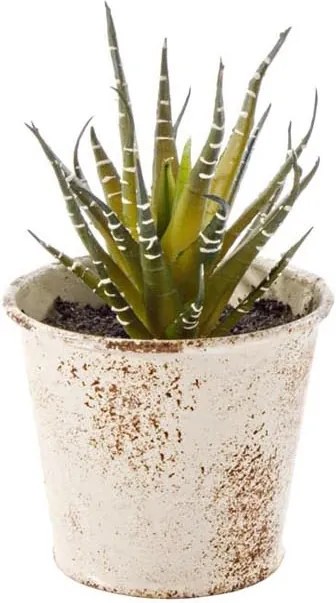 Planta artificiala suculenta in ghiveci metal alb patinat 10 cm x 10 cm x 11 h