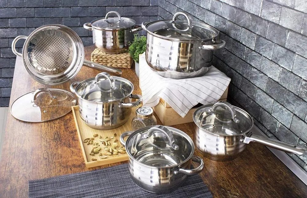Set oale si tigaie inox 12 piese cu capace de sticla, de calitate, gatire sanatoasa,  Gourmet Line Blaumann BL 1410