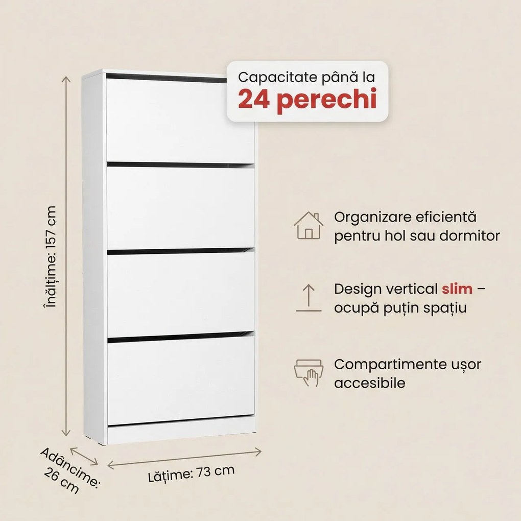 Dulap Pantofi Inalt Adore XL – Pantofar cu Adancime Slim (26 cm) pentru Hol, 4 Compartimente Rabatabile, Capacitate 24 Perechi