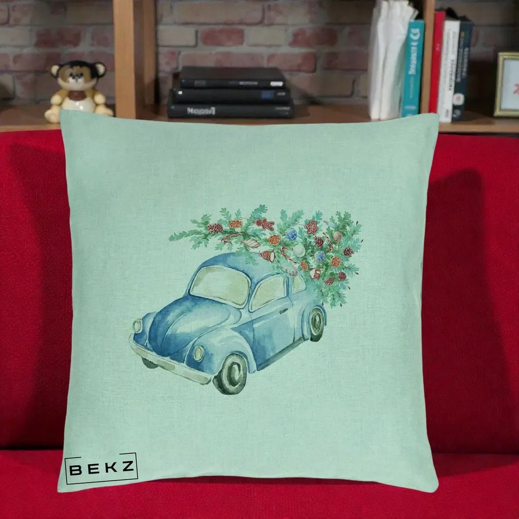 Perna Decorativa Masinuta Albastra cu Brad de Craciun, 40x40 cm, Verde Menta, Husa Detasabila, Perna Inclusa, BEKZ®
