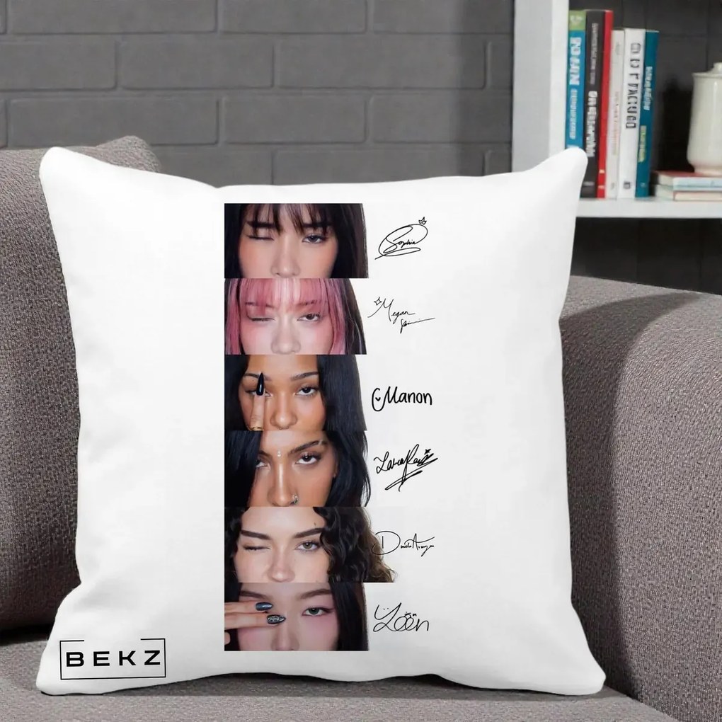 Perna Personalizata K-pop KATSEYE Semnaturi fara Foto, 40x40 cm, Alba Mata, Husa Detasabila, Perna Inclusa, BEKZ®
