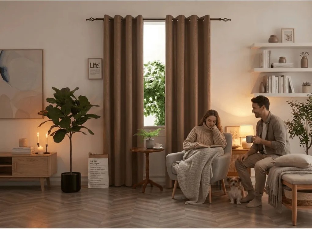 Draperie opaca DUNES VELVET 140x250 cm, bej-maro Agatat: Inele metalice
