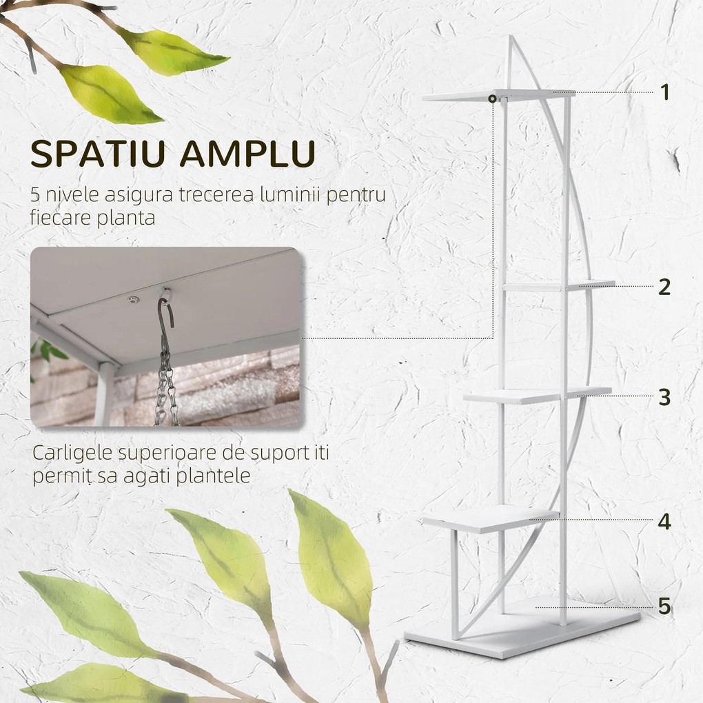 Outsunny Jardiniera din Metal cu 5 Etajere, Suport de flori pentru Interior si Exterior, 53x33x154cm, Alb | Aosom Ro