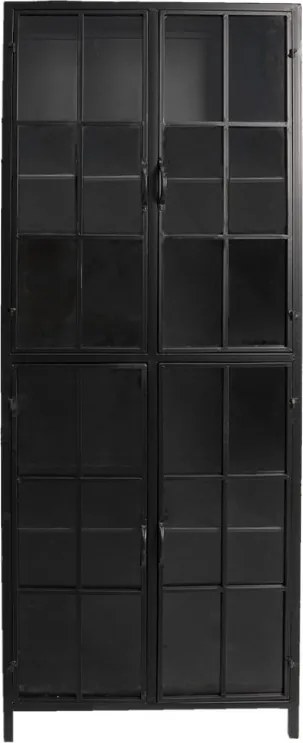 Dulap vitrină industrial din metal, negru, cu 4 uși vitrate, 4 rafturi și ochiuri de geam ca de fereastră, finisaj mat, 141 x 60 x 43 cm, „Fenetre”