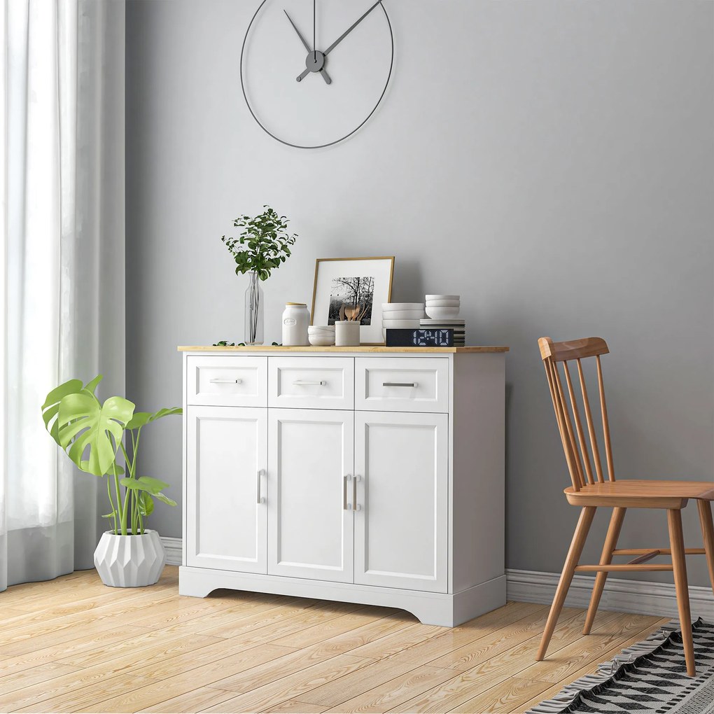 HOMCOM Bufet Modern din MDF și PAL cu Raft Reglabil, Dulap Multifuncțional cu 3 Sertare și 3 Uși, 101x39x82 cm, Alb | Aosom Romania