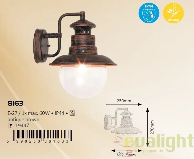 Aplica de perete cu protectie IP44 de exterior, finisaj maro antic, Odessa 8163 RX