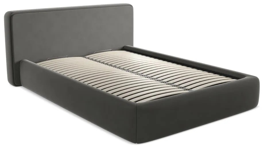 Pat matrimonial gri închis tapițat cu spațiu de depozitare cu somieră 160x200 cm Kiana – Makamii