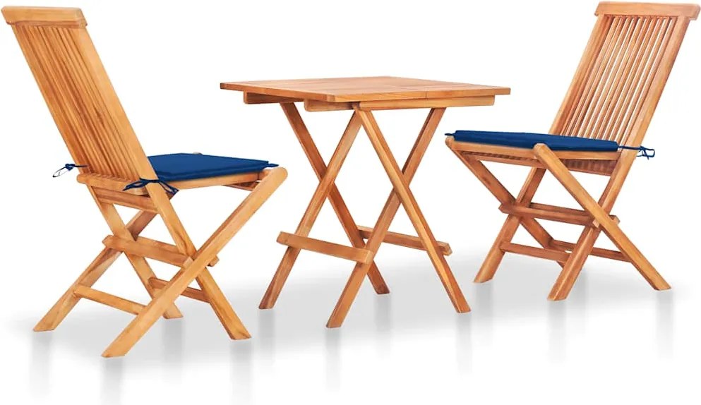 vidaXL Set bistro cu perne albastru regal, 3 piese, lemn masiv de tec