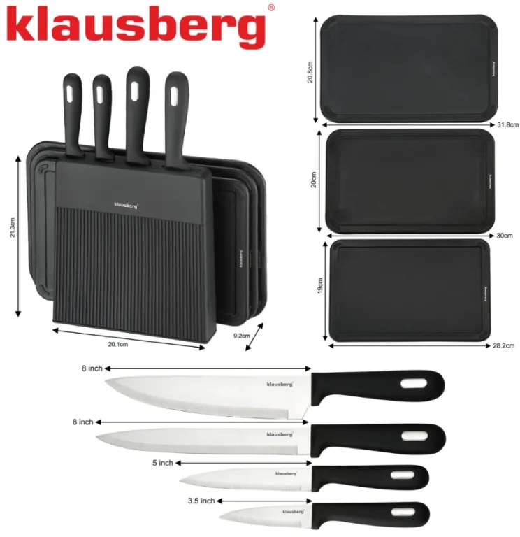 Klausberg KB 7980 set cuțit și placă de tăiat, 8 piese, Oțel inoxidabil, Suport, Negru/inox