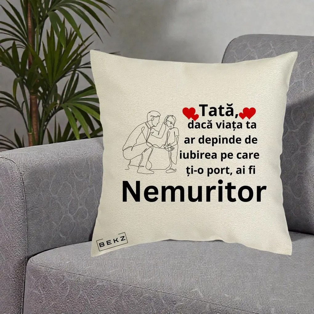 Cadou pentru Tata - Perna Personalizata Tata Nemuritor Baietel, 40x40 cm, Ecru, Husa Detasabila, Perna Inclusa, BEKZ®