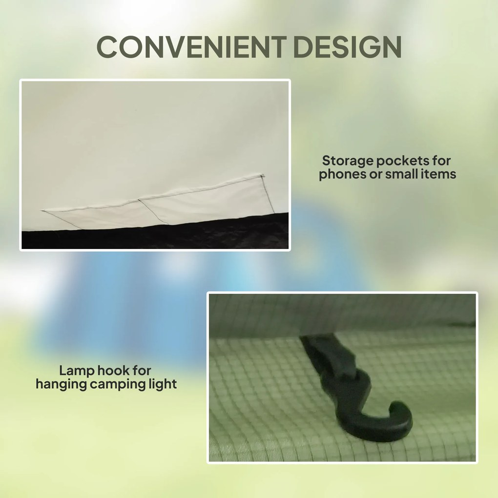 Outsunny Cort Gonflabil Tip Tunel pentru 3-6 Persoane cu Pridvor, Ferestre din Plasă și Husă, Impermeabil, Verde Măsliniu | Aosom Romania