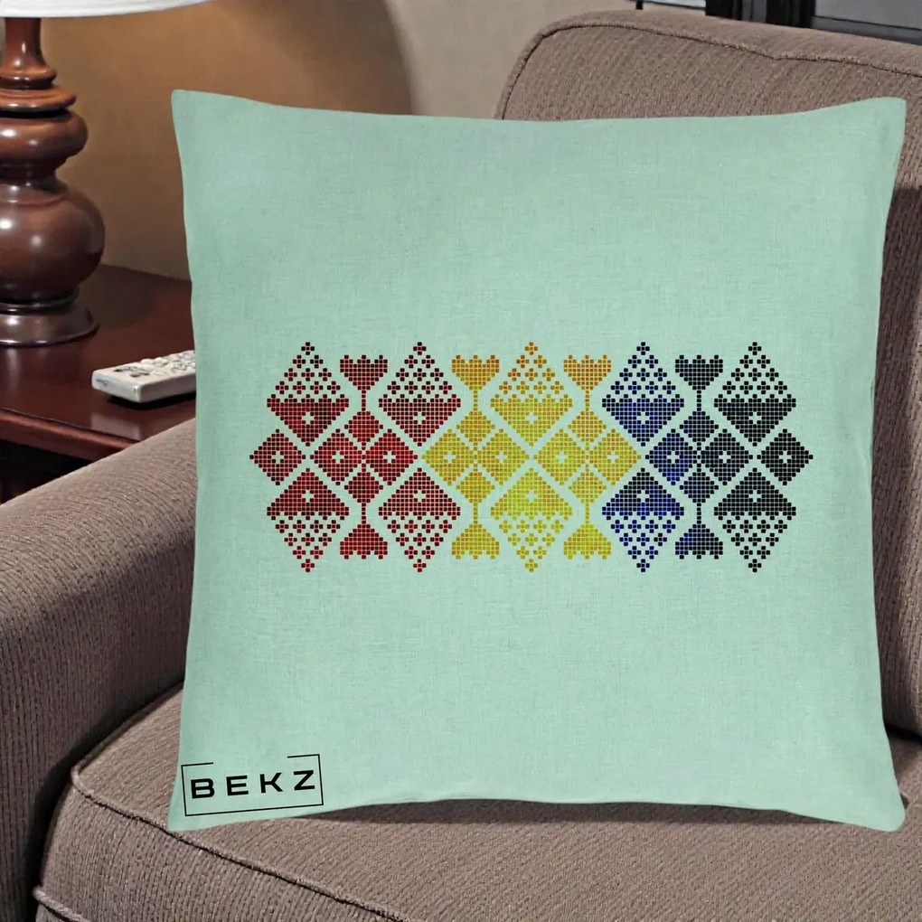 Perna Personalizata Motiv Tricolor Romanesc Broderie, 40x40 cm, Verde Menta, Husa Detasabila, Perna Inclusa, BEKZ®