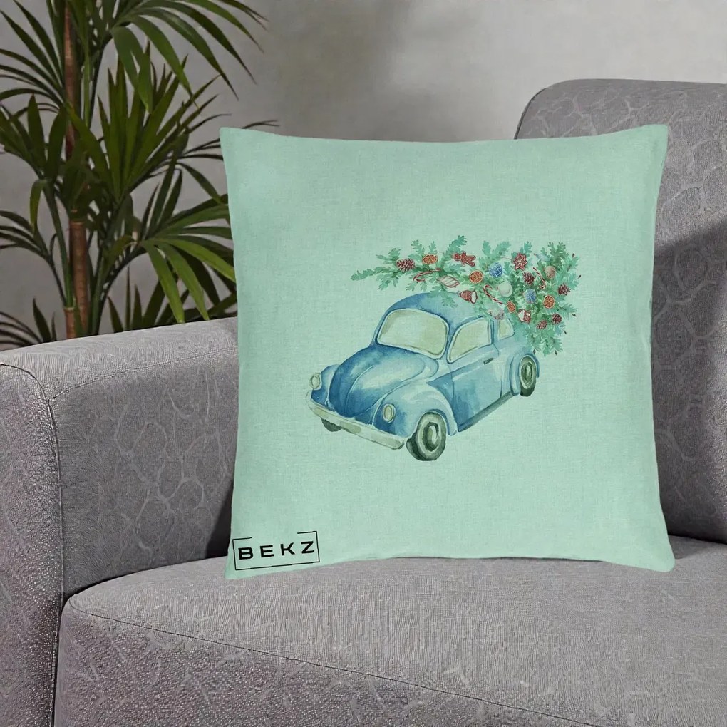 Perna Decorativa Masinuta Albastra cu Brad de Craciun, 40x40 cm, Verde Menta, Husa Detasabila, Perna Inclusa, BEKZ®