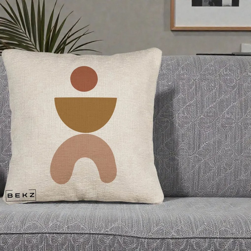 Perna Decorativa Geometric Boho Disc si Arc, 40x40 cm, Bej Canapea, Husa Detasabila, Perna Inclusa, BEKZ®