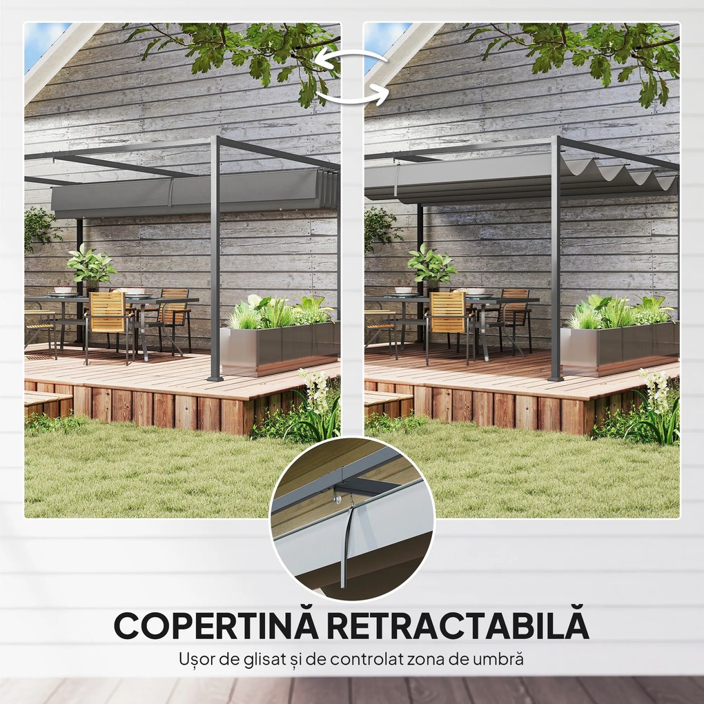 Outsunny Pergolă Gazebo 4x3 m cu Acoperiș Retractabil, Orificii de Drenaj, Țepușe și Șuruburi, Pergolă pentru Grădină din Poliester și Metal, Gri Închis | Aosom Romania