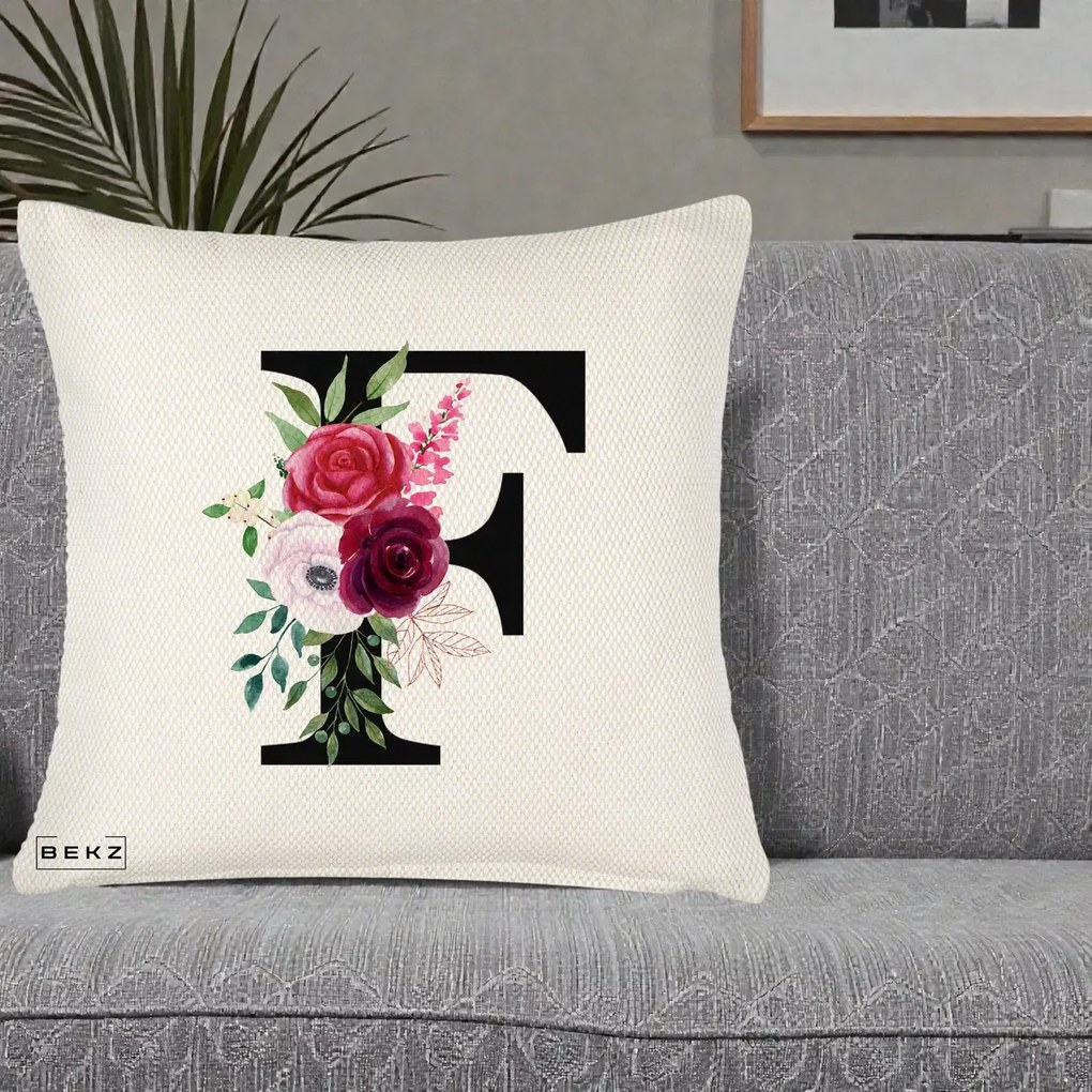 Cadou Personalizat - Perna Personalizata Monograma Florala Litera F, 40x40 cm, Crem Reliefat, Husa Detasabila, Perna Inclusa, BEKZ®
