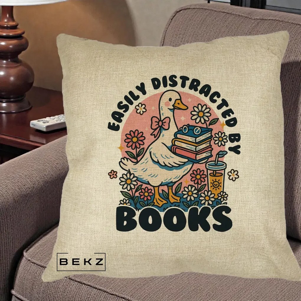 Perna Personalizata Easily Distracted by Books, 40x40 cm, Crem, Husa Detasabila, Perna Inclusa, BEKZ®