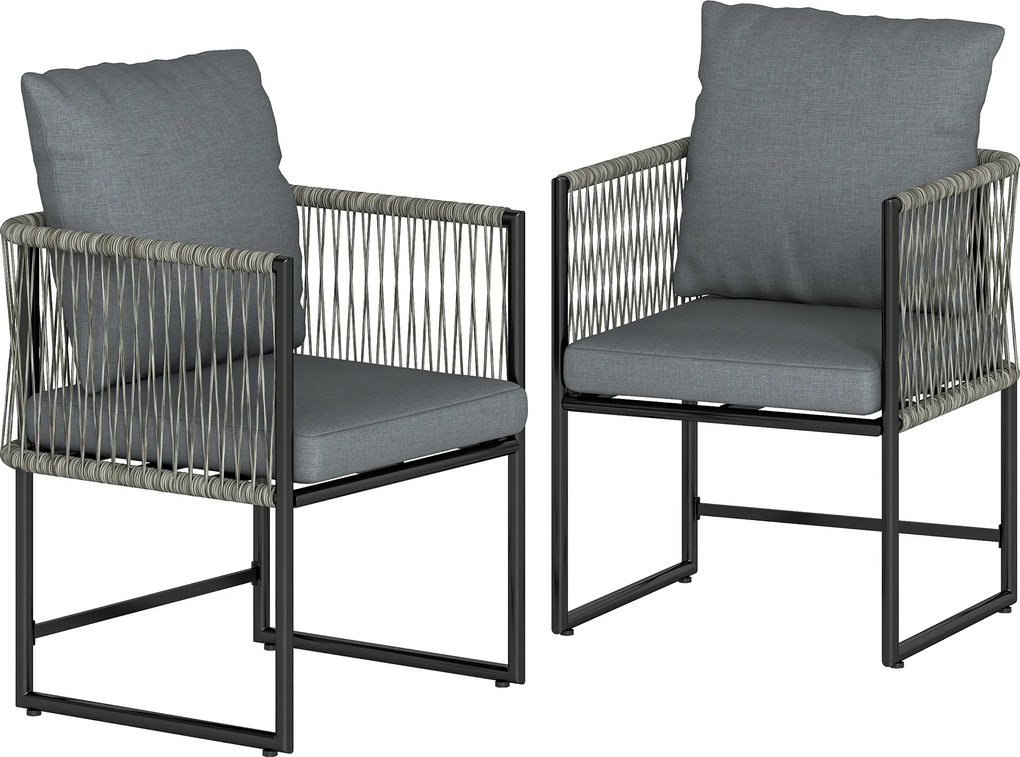 Outsunny Set 2 scaune de grădină rezistente la intemperii din oțel și PE-Rattan cu pernă cotieră spătar 52x52x66 cm Gri închis | Aosom Romania