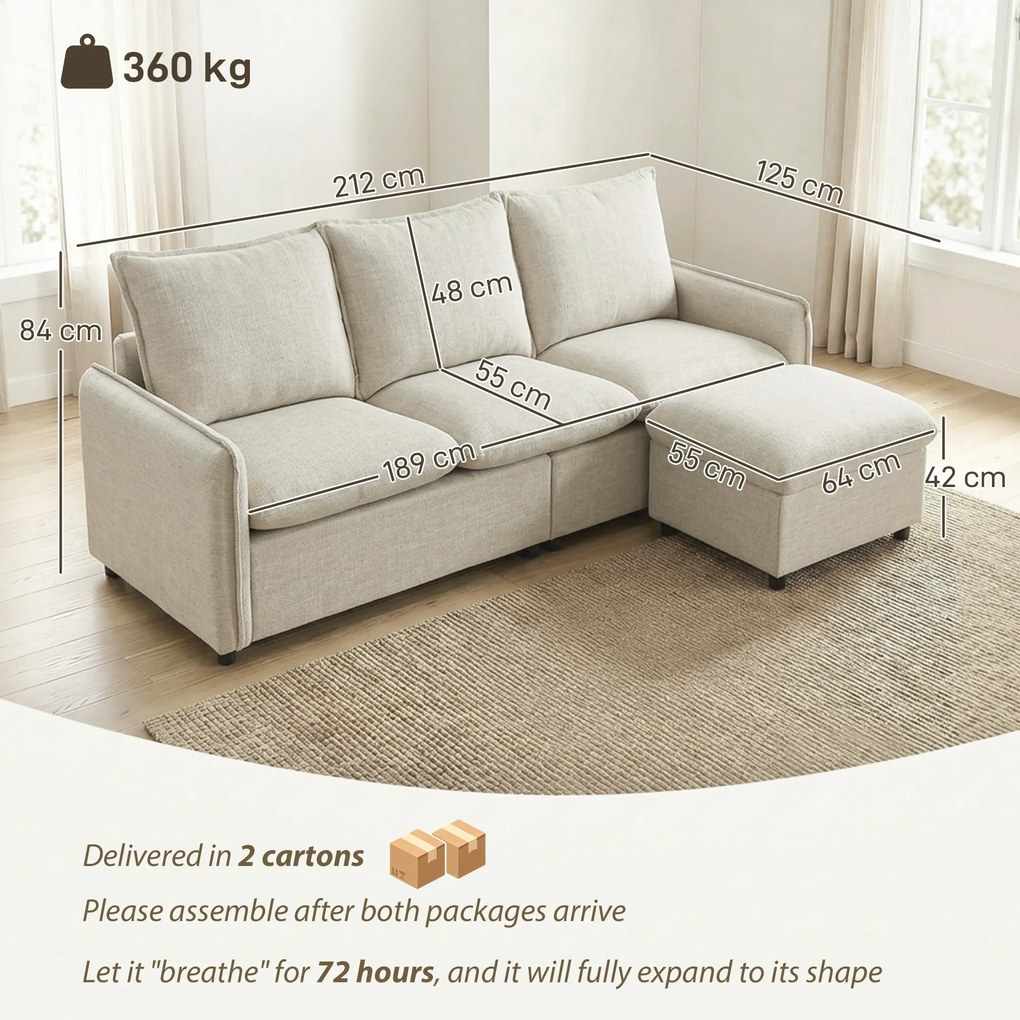 HOMCOM Canapea 3 locuri cu pouf de depozitare, canapea colțar modulară 212 cm, perne cu arcuri, țesătură din in, crem | Aosom Romania