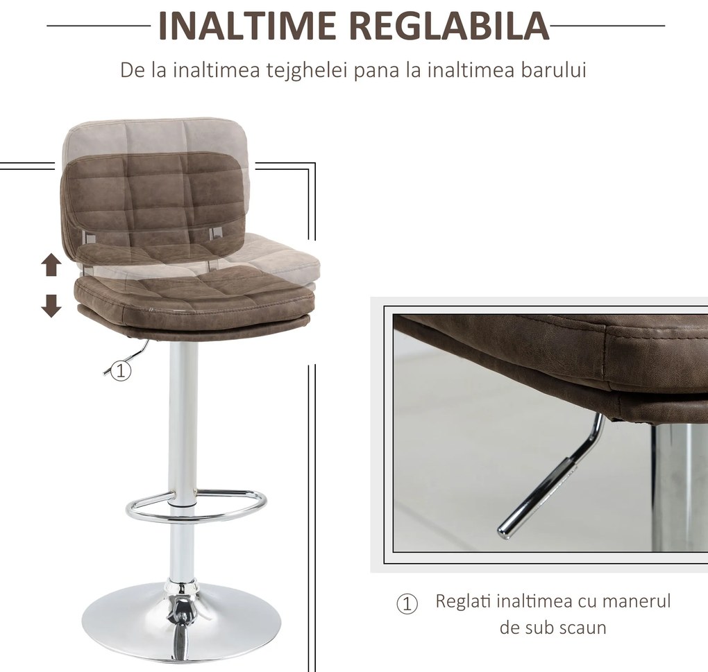 Set 2 Scaune de Bar HOMCOM Pivotante cu Inaltime Reglabila, Imitatie de Piele Maro, Argintiu 41,5x45x85-107cm | Aosom RO