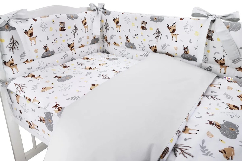 BABY NELLYS 3-dílná set de Mantinel cu lenjerie de pat, Prieteni noi din pădure, gri, bej 120x90