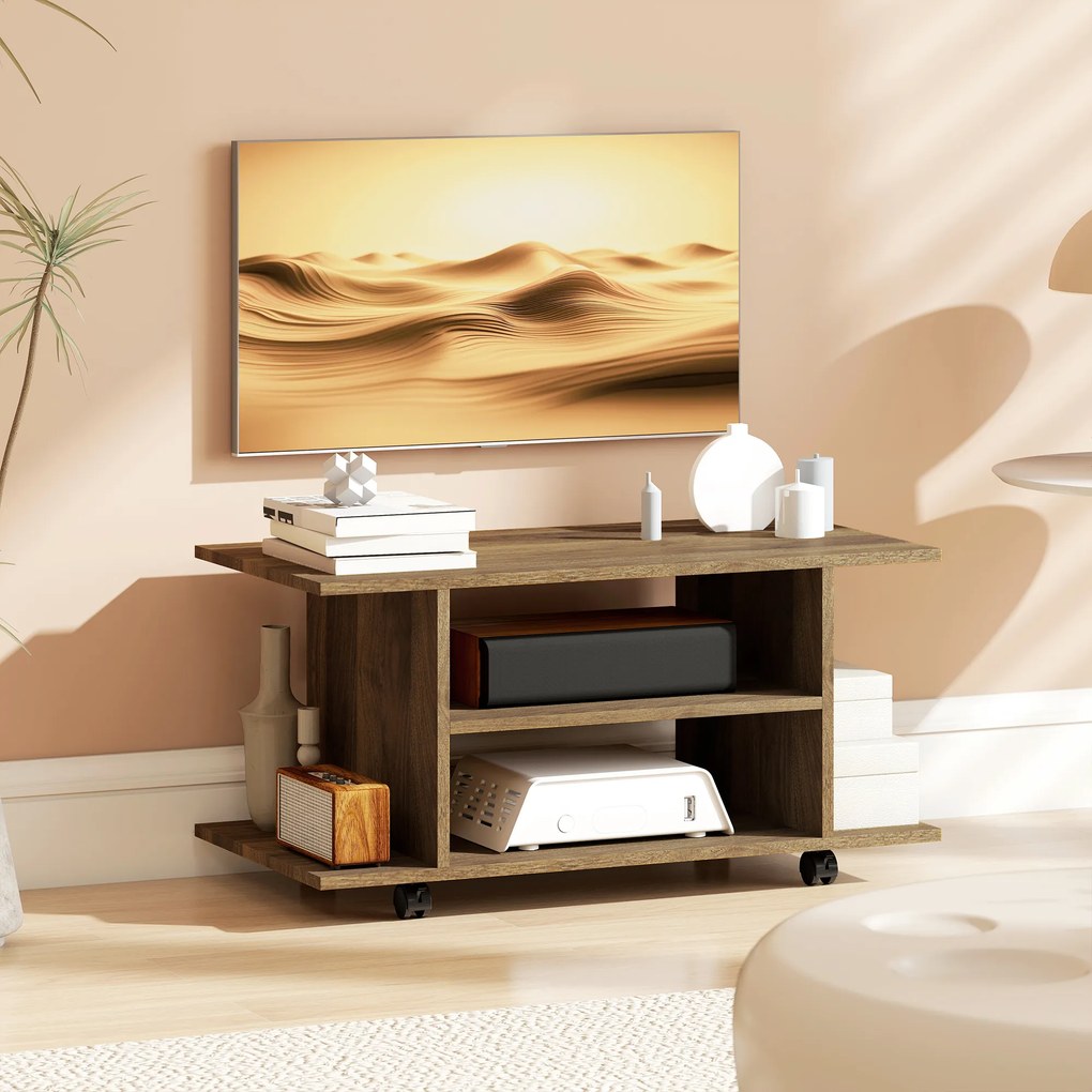 HOMCOM Suport TV Modern cu Rafturi, Roți Pivotante și Frâne, 80x40x40 cm, Nuc | Aosom Romania