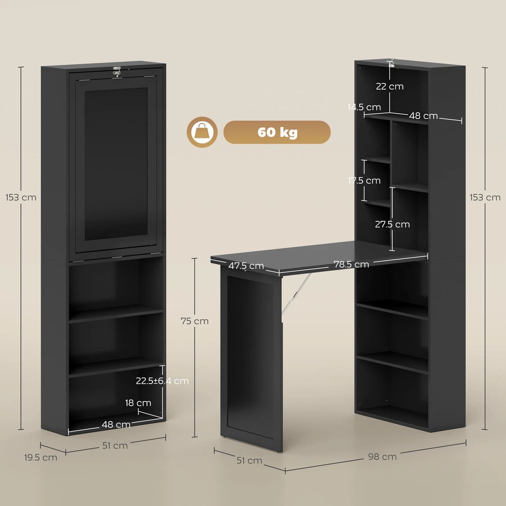 HOMCOM Birou Modern Pliabil cu Bibliotecă și Tablă, din Lemn și Metal, 98x51x153 cm, Negru | Aosom Romania