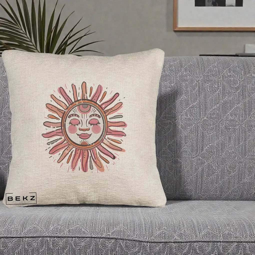 Perna Decorativa Soare Roz Tribal, 40x40 cm, Bej Canapea, Husa Detasabila, Perna Inclusa, BEKZ®