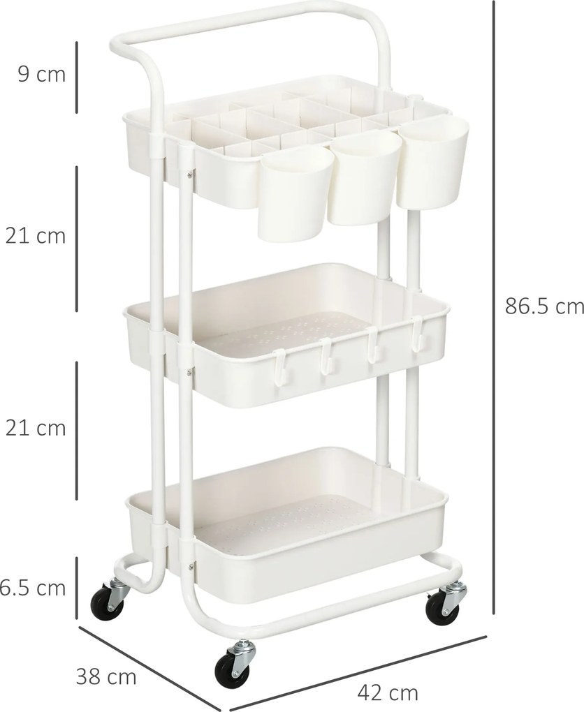 HOMCOM Cărucior de Bucătărie Multifuncțional cu 3 Nivele, Coșuri și Cârlige Detașabile, 42x38x86.5 cm, Negru | Aosom Romania