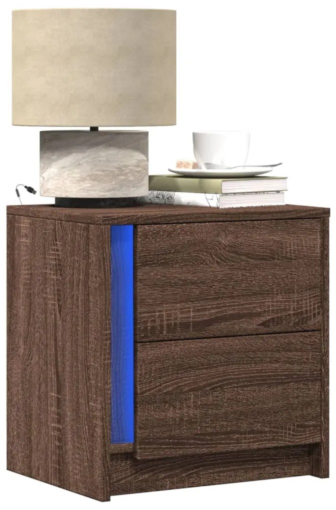 vidaXL Noptiere cu lumini LED, 2 buc., stejar maro, lemn prelucrat