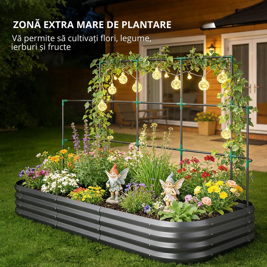 Outsunny Jardiniere Ridicate din Metal cu Grilaj, Pat de Grădină Înălțat cu Fund Deschis, Mănuși și Grilaj pentru Plante Cățărătoare, Legume și Flori, 220x110x150 cm, Gri Închis | Aosom Romania