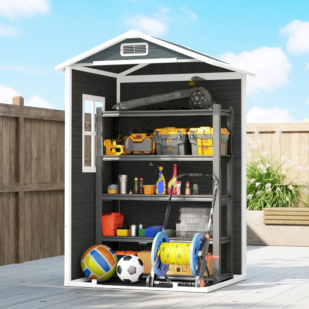Outsunny Adăpost de grădină din plastic 1,28 x 1,04 m cu podea, uşă încuiabilă, fereastră şi ventilaţie, gri patinat | Aosom Romania