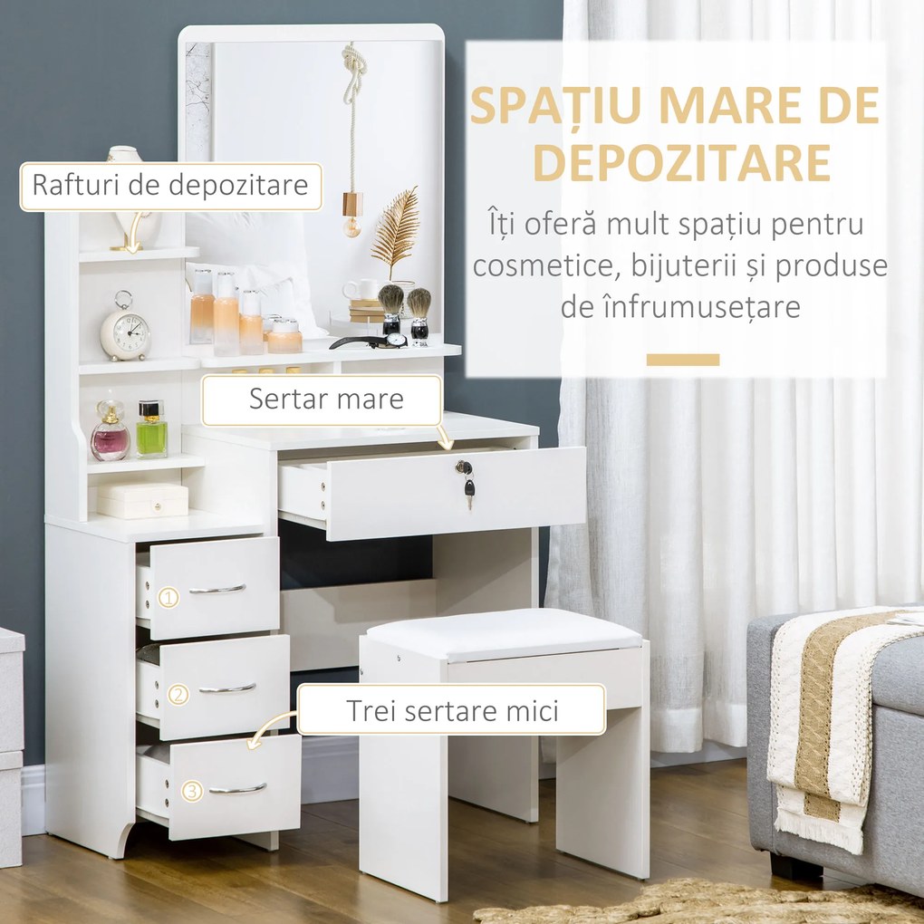 HOMCOM Post de machiaj cu oglindă mare din sticlă temperată, tocător de machiaj cu scaun căptușit, 4 sertare și 4 rafturi, post de machiaj pentru dormitor, alb | Aosom Romania