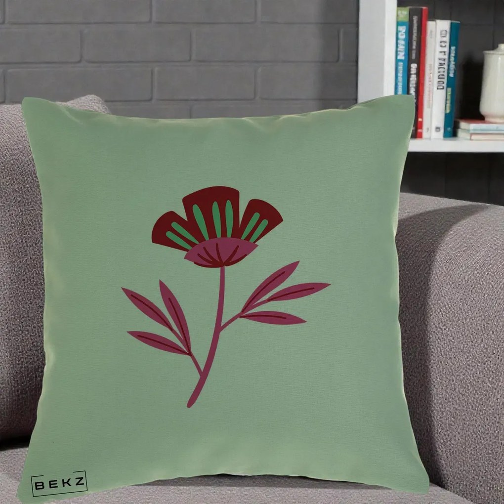 Perna Decorativa Floare Macul Roz-Rosu Grafic, 40x40 cm, Verde, Husa Detasabila, Perna Inclusa, BEKZ®
