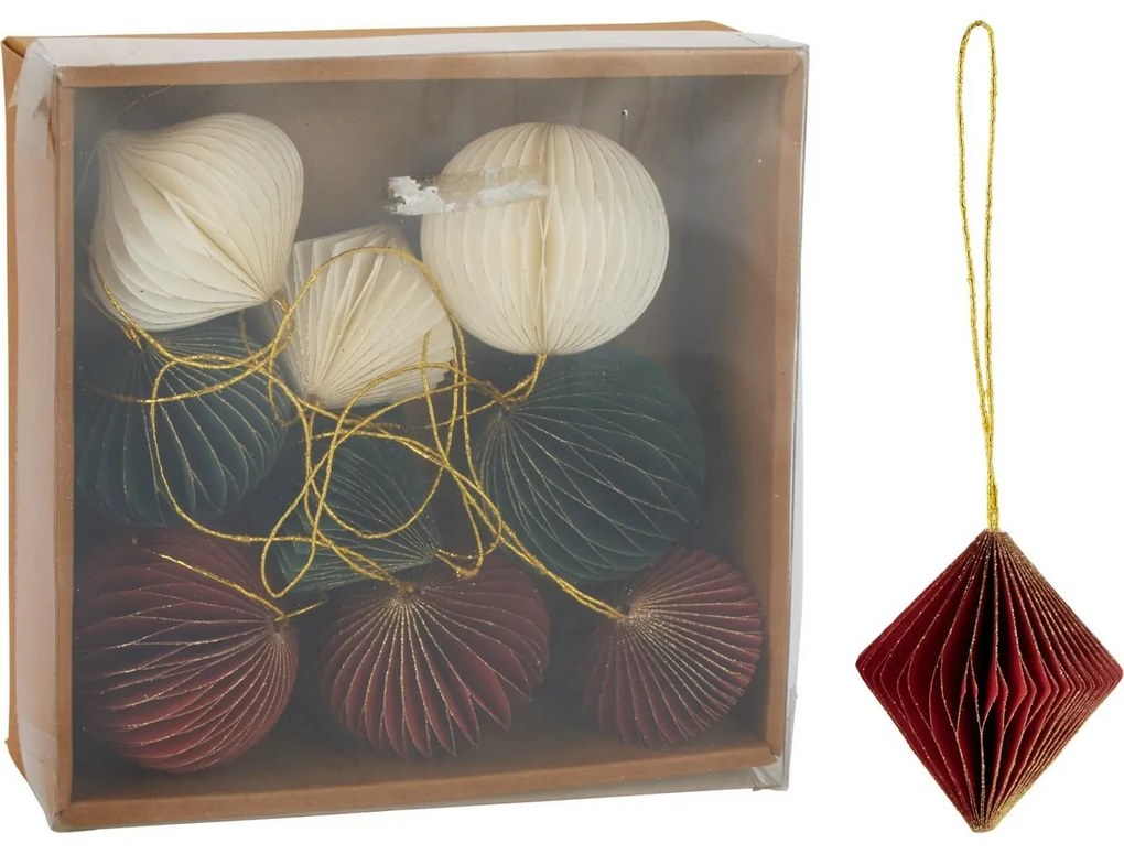 Set de 9 ornamente de Crăciun, roșu-verde-alb, 6 cm, fagure de miere