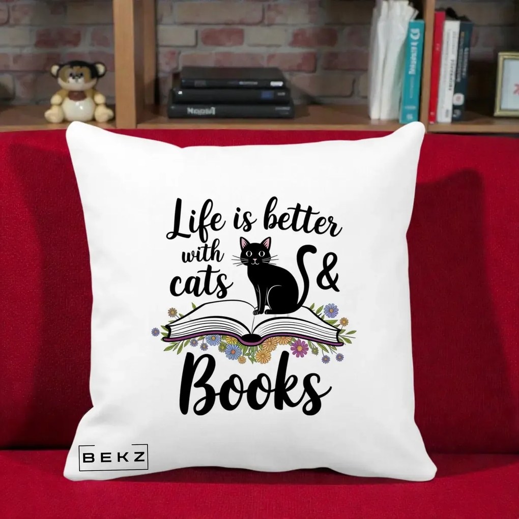 Perna Personalizata Life is Better Cats and Books, 40x40 cm, Alba Mata, Husa Detasabila, Perna Inclusa, BEKZ®