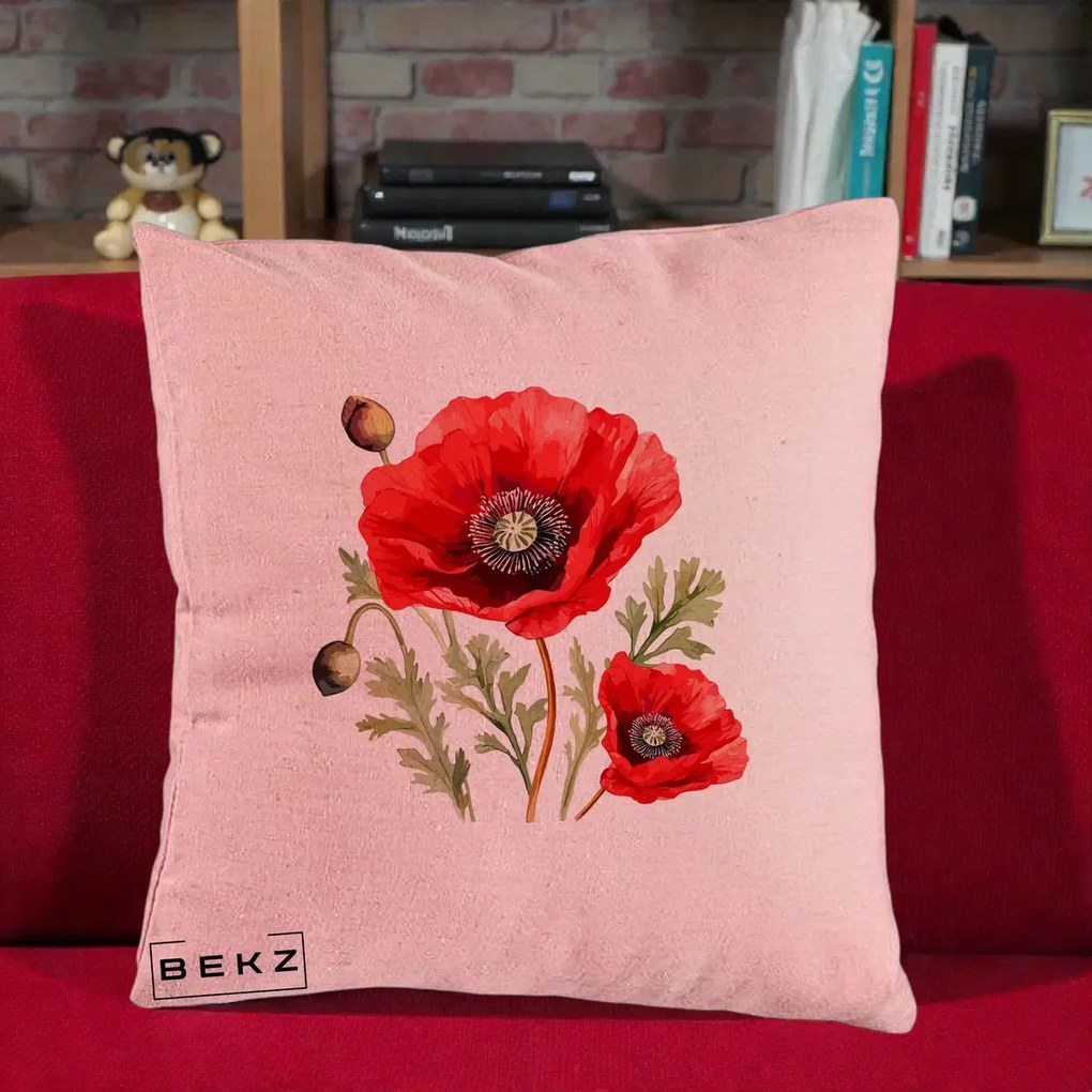 Perna Decorativa Maci Rosii Acuarela, 40x40 cm, Roz, Husa Detasabila, Perna Inclusa, BEKZ®