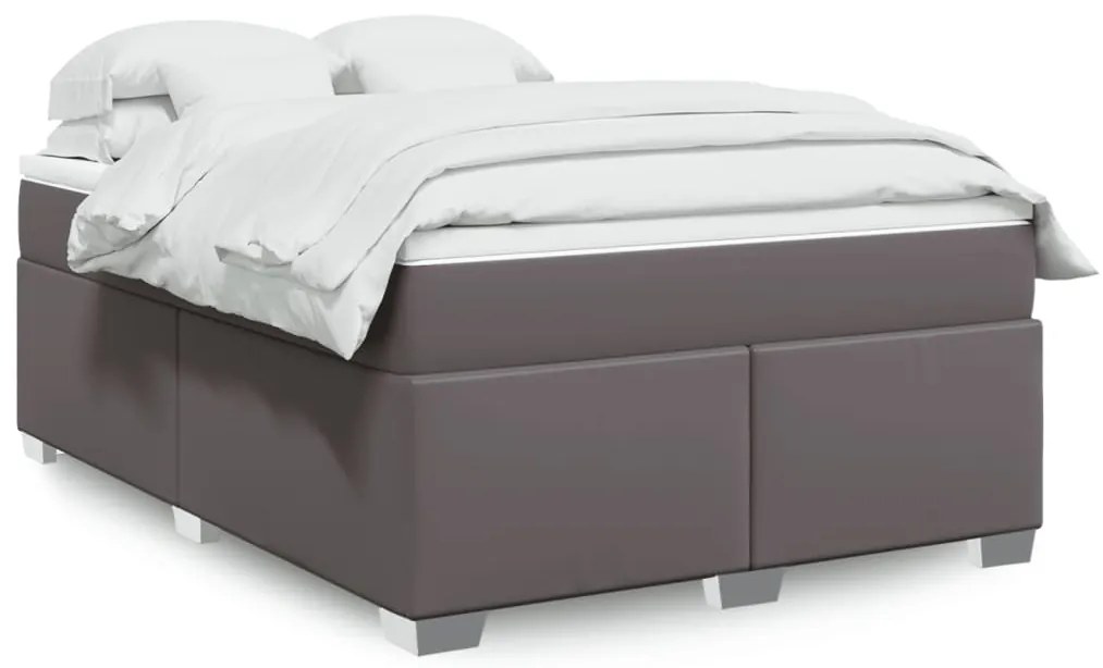 vidaXL Pat box spring cu saltea, gri, 140x190 cm, piele ecologică