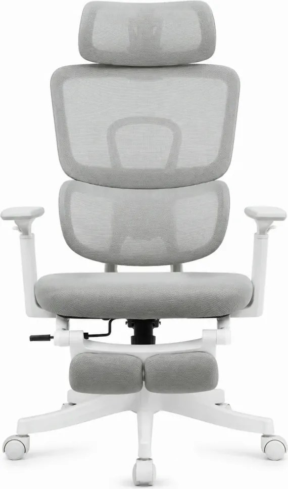 Scaun Ergonomic Premium cu Suport pentru Picioare, Reclinare 145°, Tetieră Reglabilă, Cotiere 3D, Suport Lombar Elastic și Șezut cu adâncime reglabilă, Gri