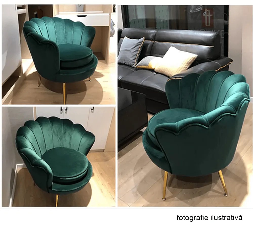 Fotoliu în stil Art-deco, catifea Velvet smarald/crom auriu, NOBLIN
