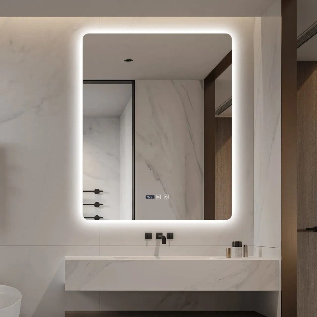 Oglindă Baie LED și Dezaburire Elit’s Premium: Senzor Touch, Lumina Rece, Caldă și Neutră, 80x100cm, Lumina Ambientală Spate